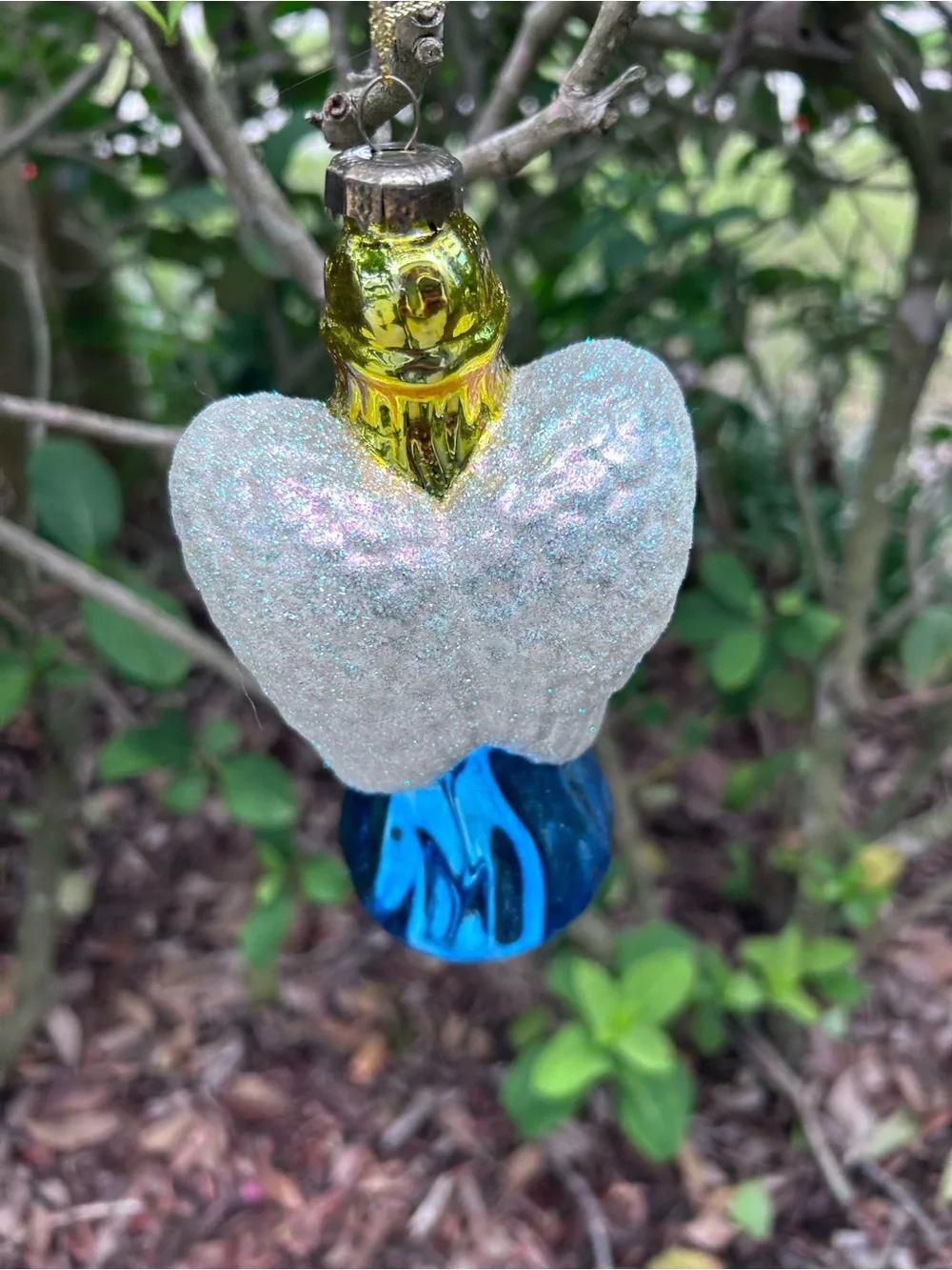 Vintage Blown Glass Angel Christmas Ornament with Metallic Blue Gown and Bouquet